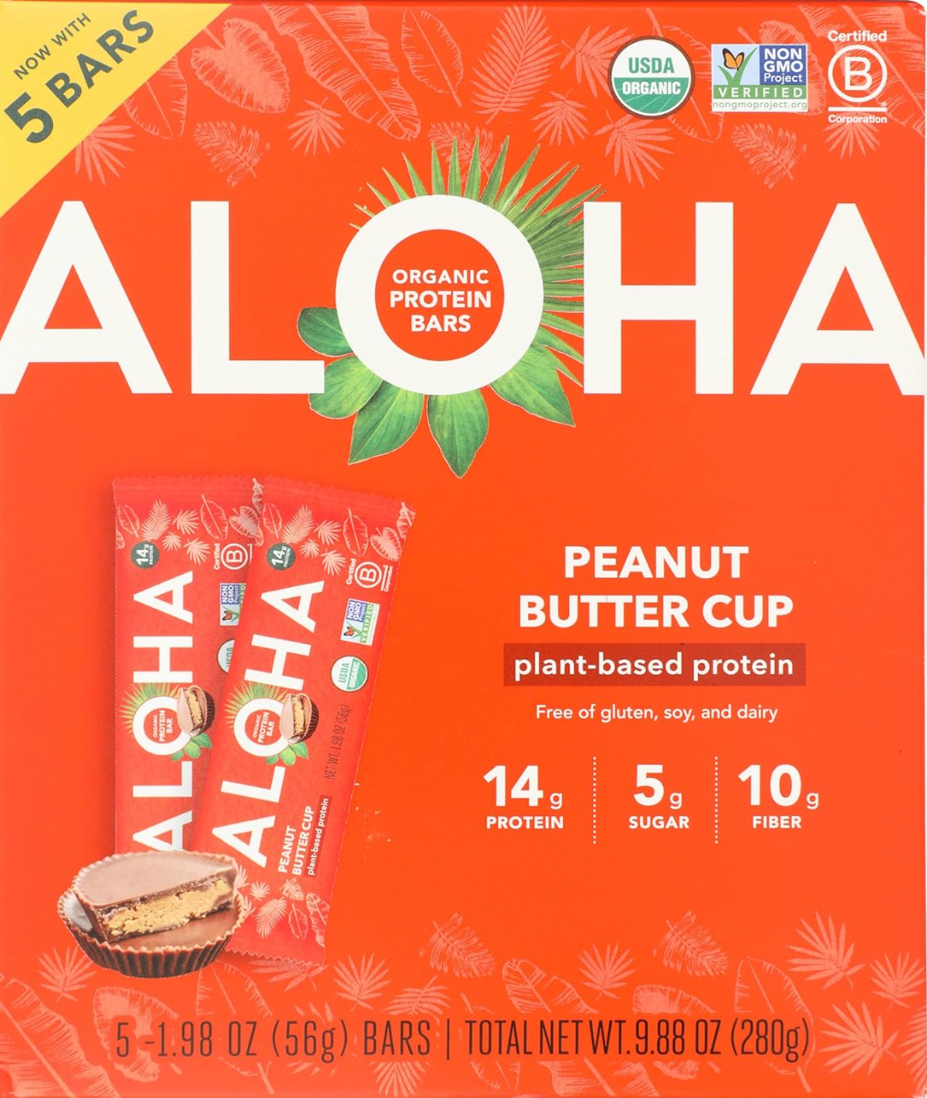 ALOHA Organic Plant Based Protein Bars, Peanut Butter Cup , 1.98-Ounce Bars, (Pack of 5)