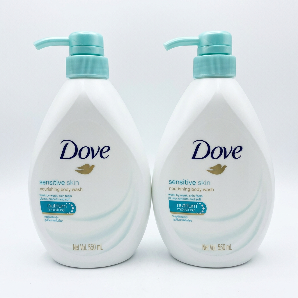 Dove Sensitive Skin Nourishing Body Wash. Has Nutrium Moisture for soft, smooth skin. Great for sensitive skin. Bottle is 550 mL.