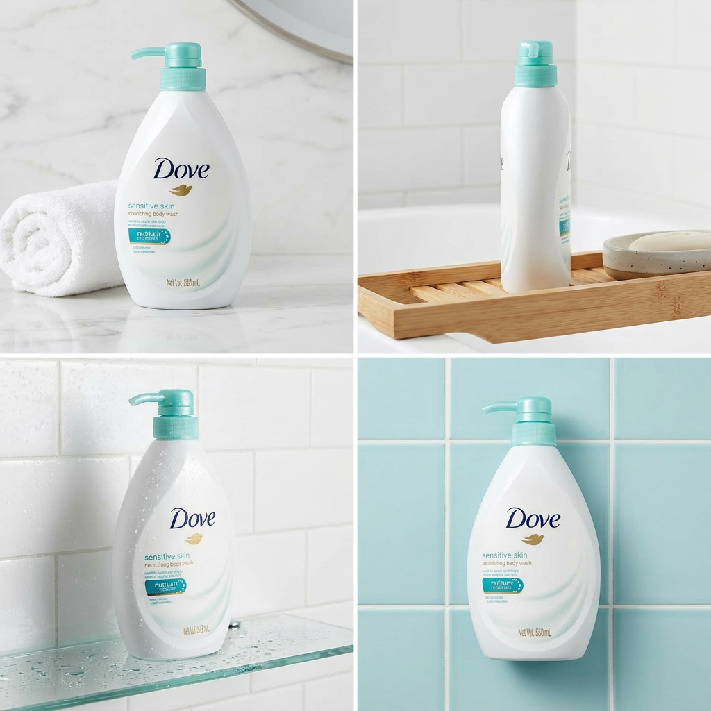 Dove Sensitive Skin Nourishing Body Wash. Has Nutrium Moisture for soft, smooth skin. Great for sensitive skin. Bottle is 550 mL.