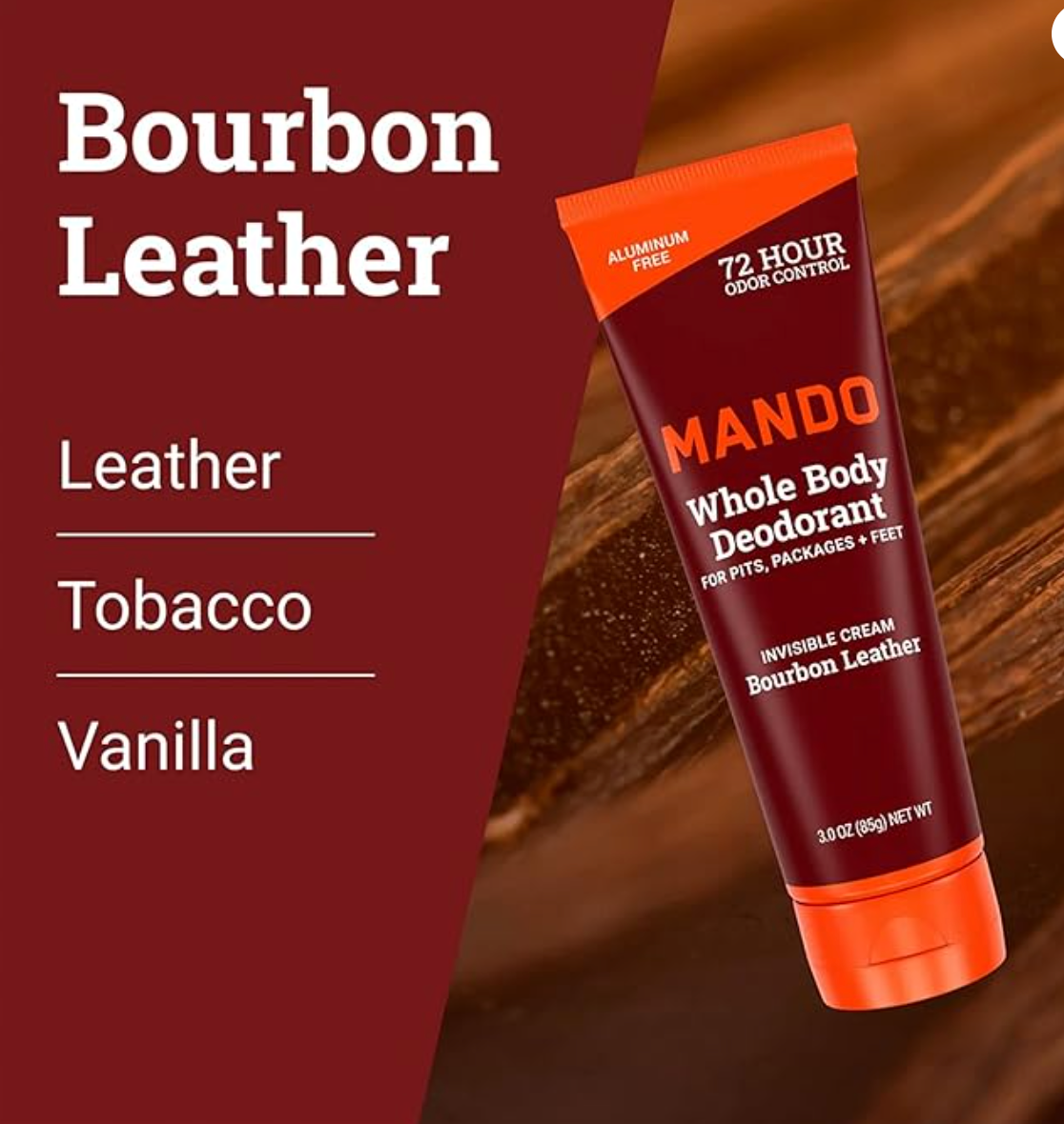 Mando Whole Body Deodorant - Men's Aluminum-Free Invisible Cream Deodorant - Bourbon Leather - 2.2oz