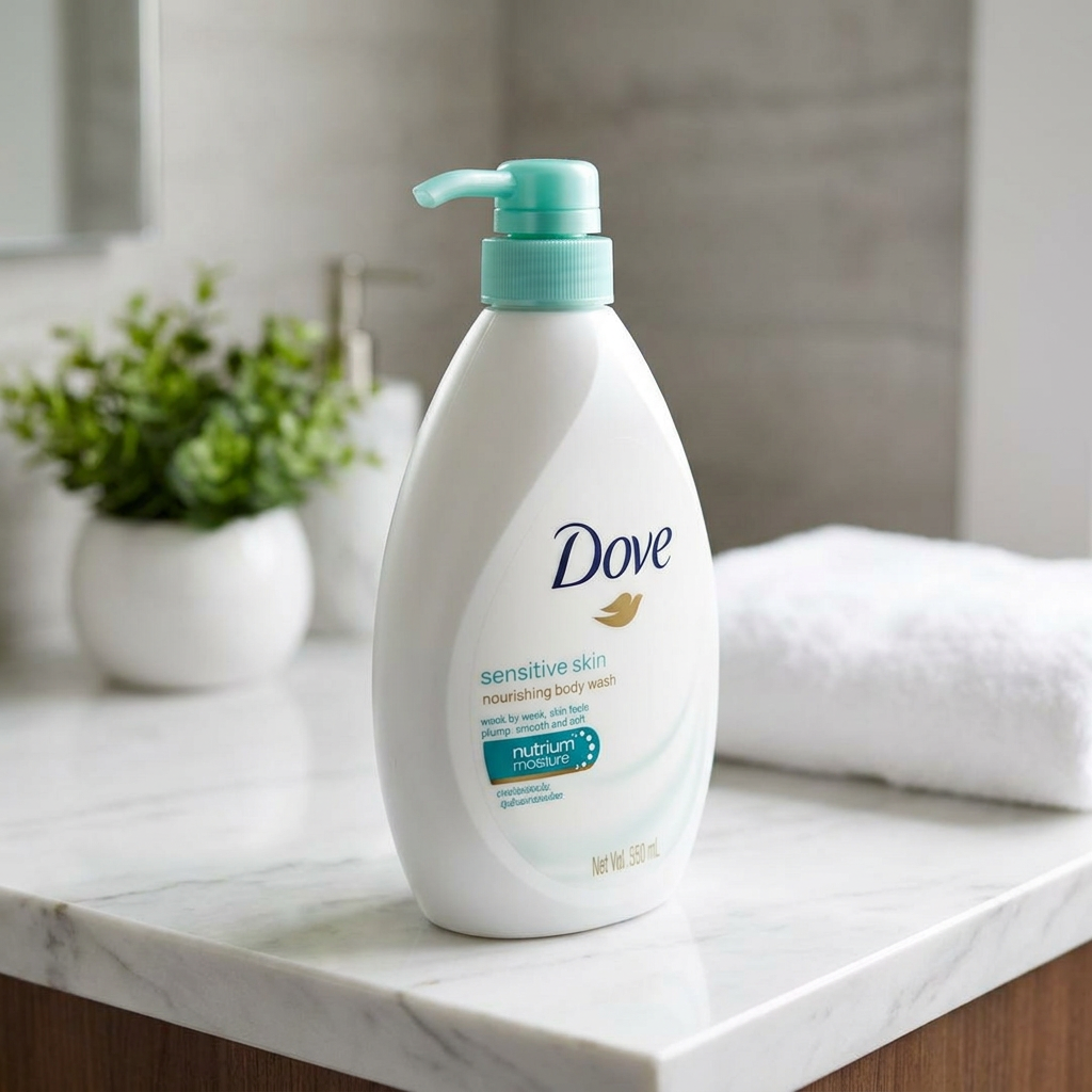 Dove Sensitive Skin Nourishing Body Wash. Has Nutrium Moisture for soft, smooth skin. Great for sensitive skin. Bottle is 550 mL.